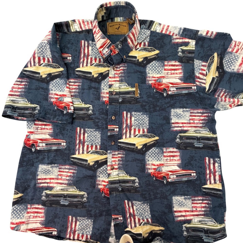 North River Outfitters Mens XL Muscle Car American Flag Cotton Button Down Shirt